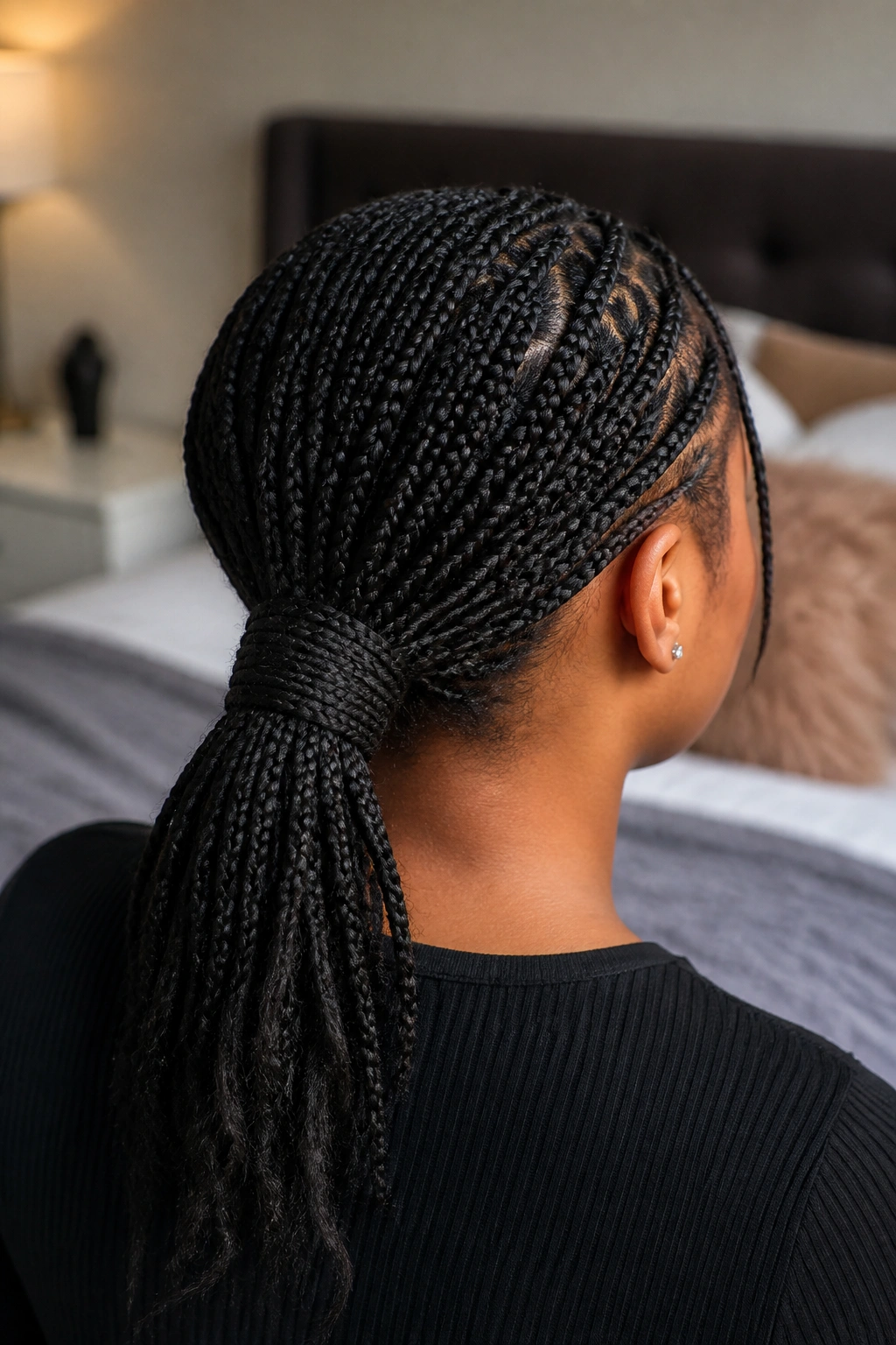 Close-up of a real person with a low ponytail and wrapped base.