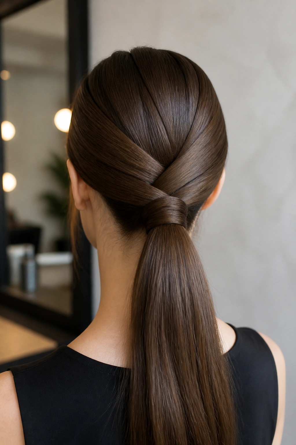 Back-of-head view of a woman with a low ponytail and crisscross crown sections