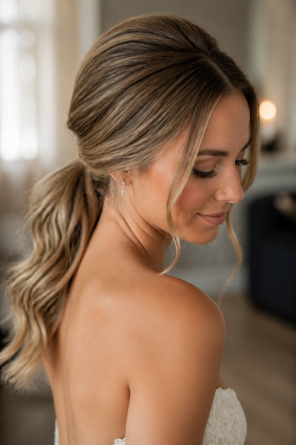 Close-up of a bride with a low ponytail and crown lift