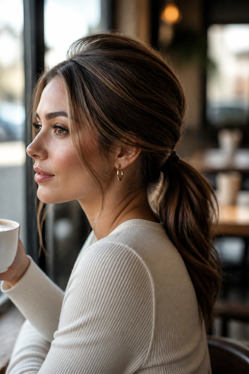 Close-up of a real woman with a crown-volume low ponytail.