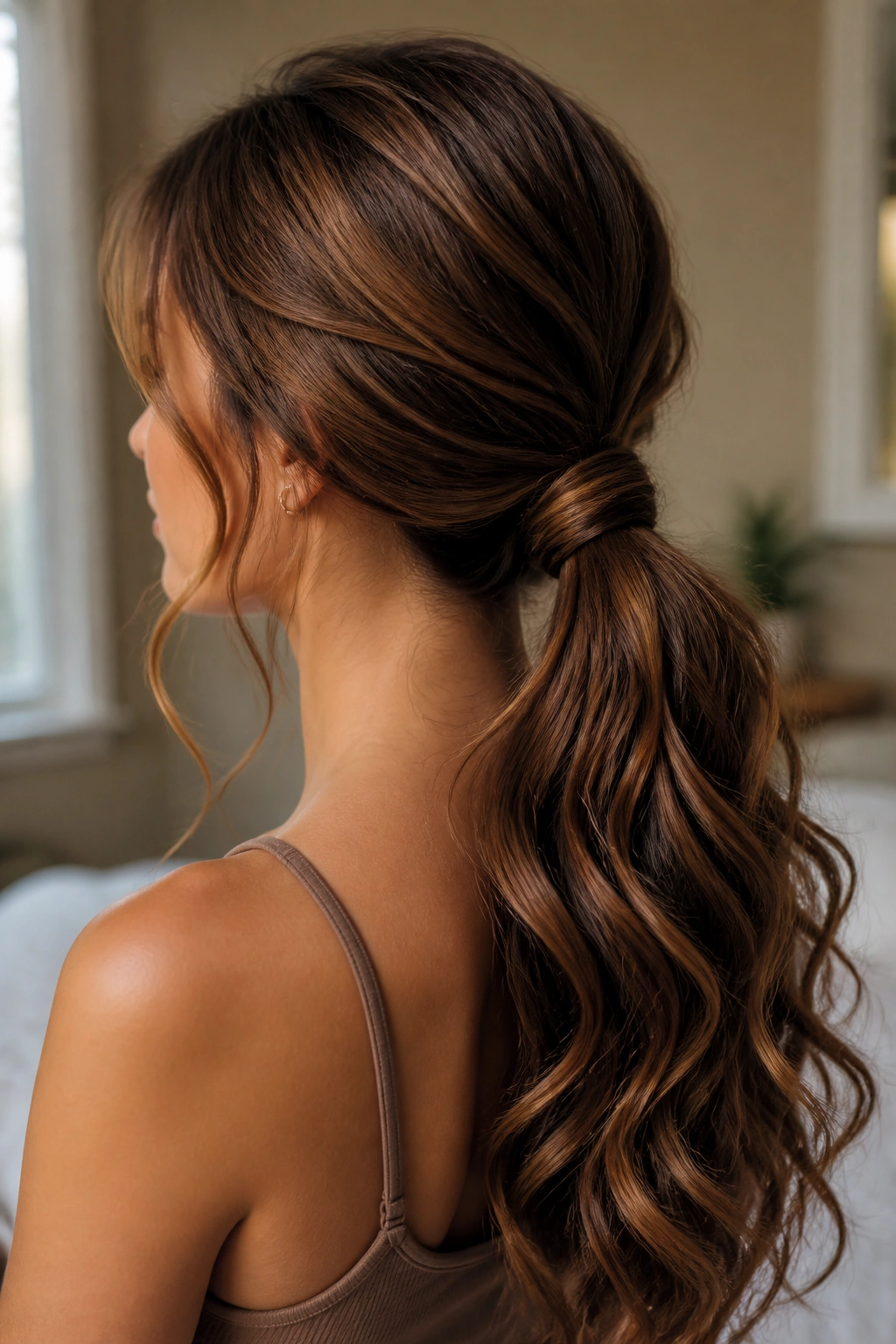 Close-up of a woman with a low ponytail wrapped around the elastic and loose face-framing pieces