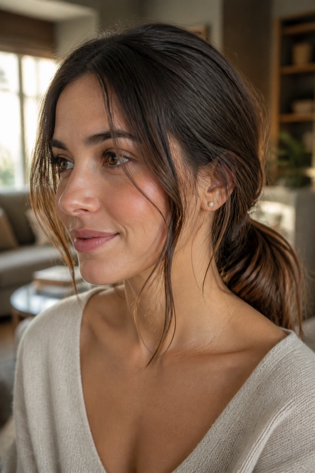 Real woman with low loose ponytail and face-framing pieces