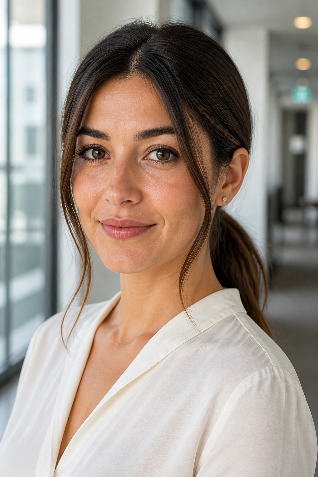 Close-up of a real woman with a low ponytail and face-framing pieces
