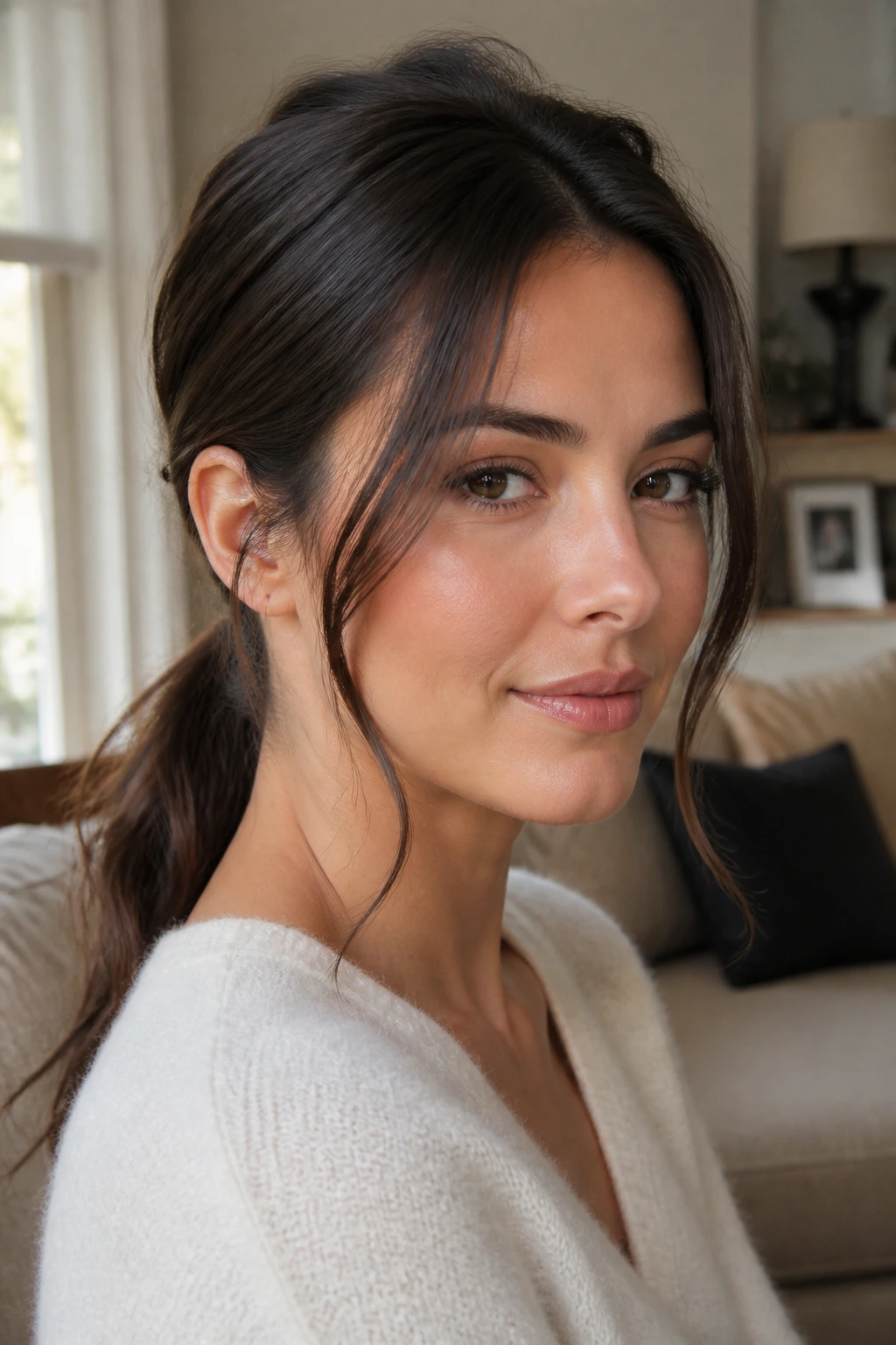 Close-up of a real person with a loose low ponytail and face-framing front pieces.