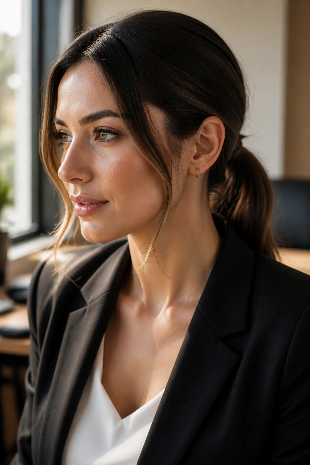 Close-up of a real woman with a low ponytail and two face-framing pieces at the temples in office lighting.
