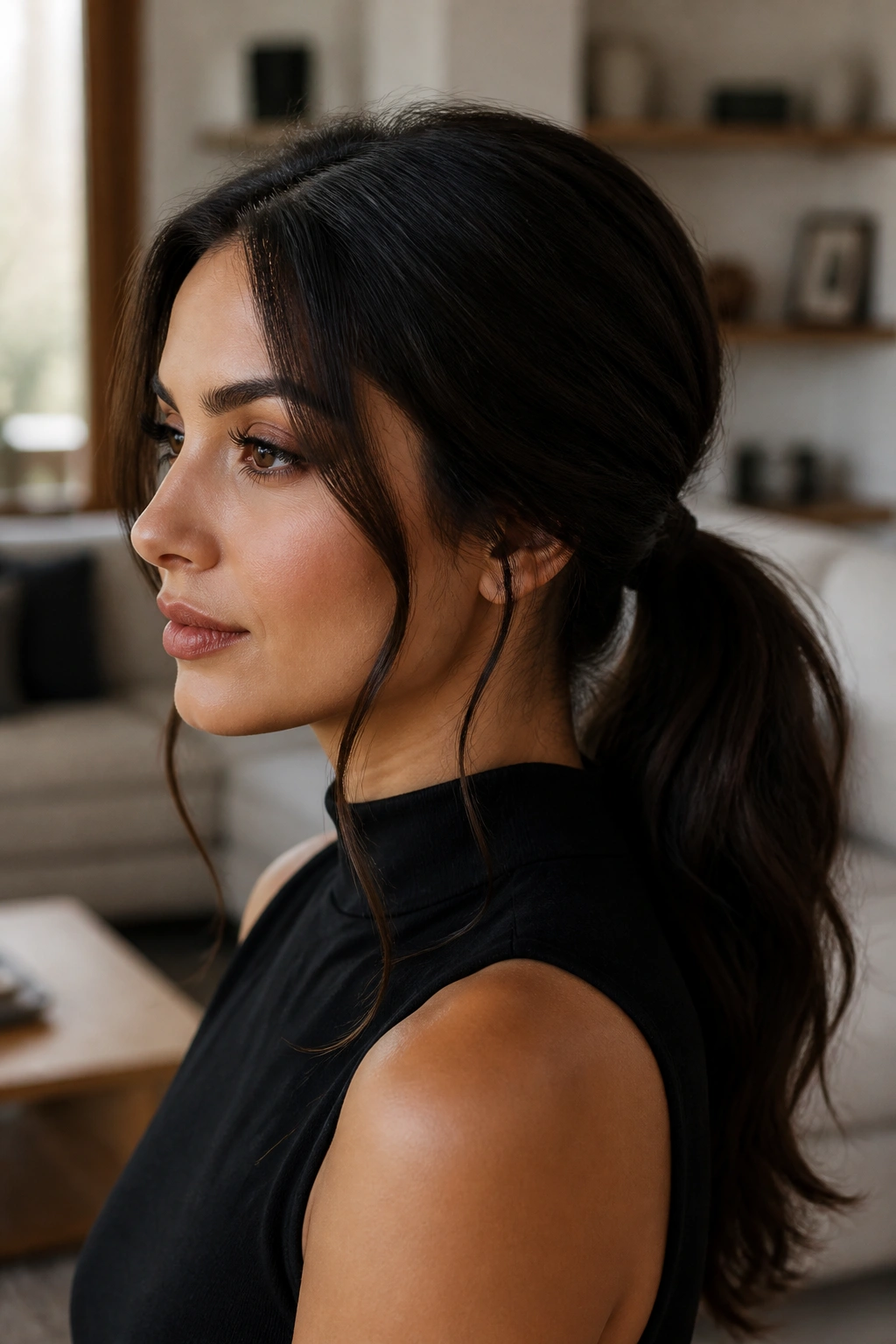Close-up of a woman with a low ponytail and two face-framing pieces curling away from the face.