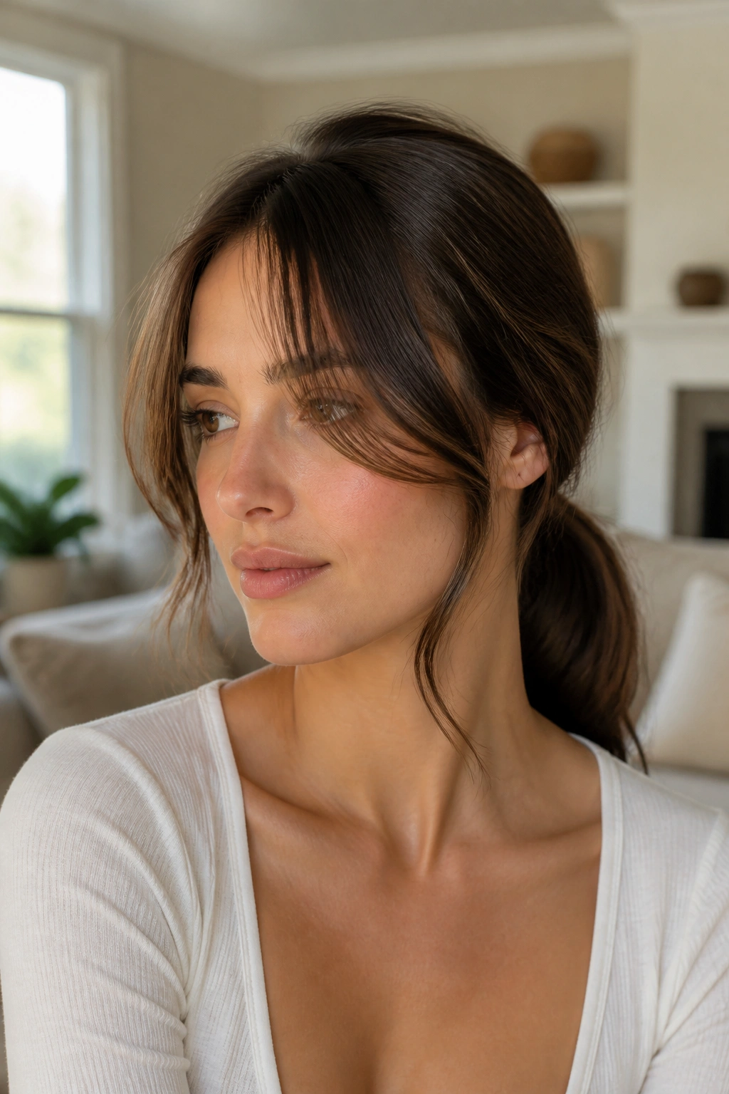 Close-up of a real woman with a low ponytail and curtain fringe in natural light