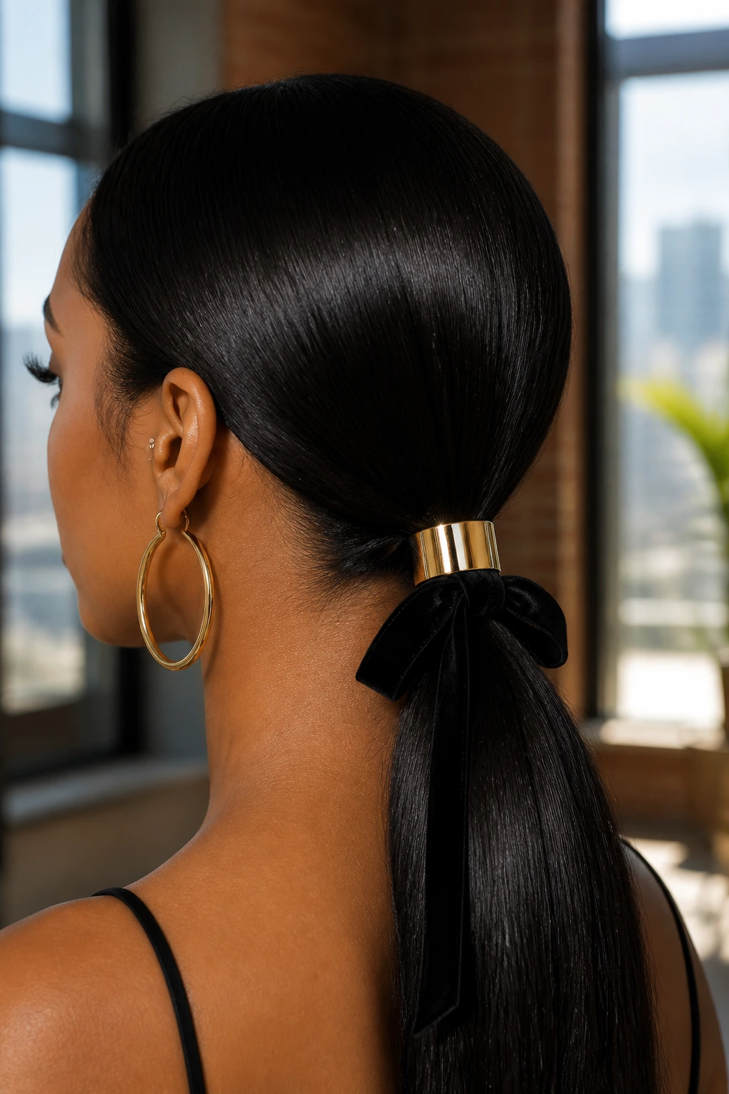 Close-up of a real woman's low ponytail with gold cuff and velvet ribbon