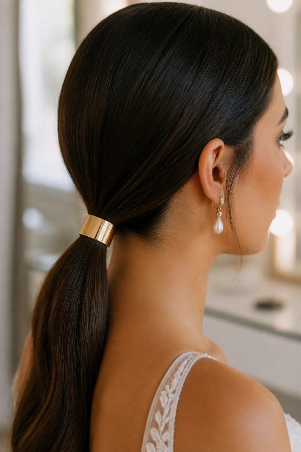 Bride with low ponytail and hair cuff at the base