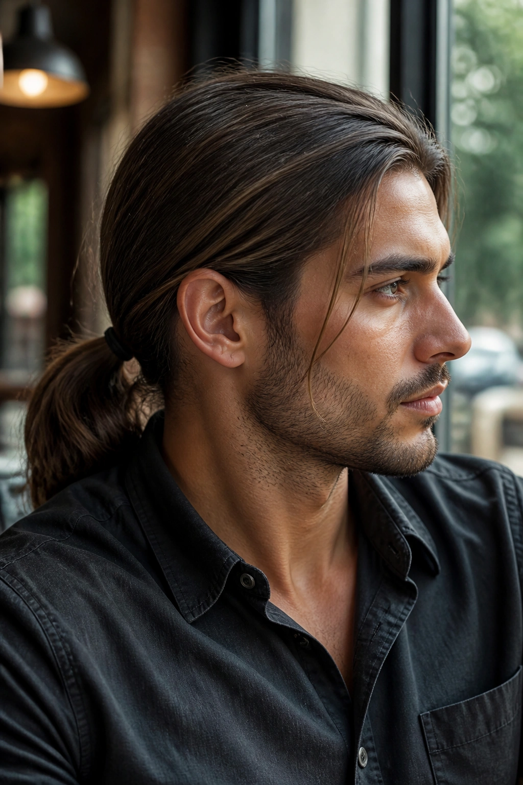 Close-up portrait of a man with a low ponytail at the nape, in cafe light
