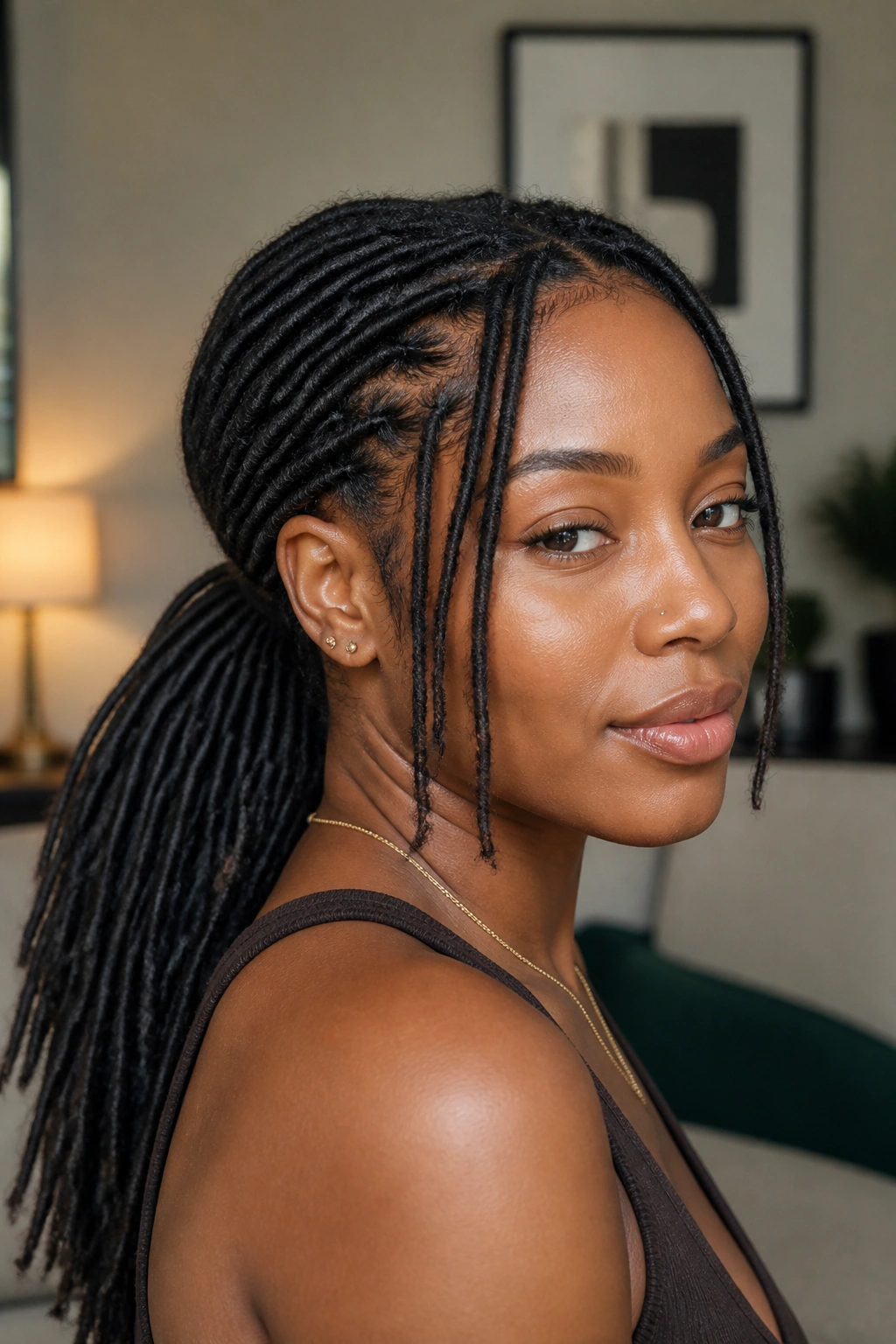 Close-up of a real woman with a low ponytail locs and face-framing pieces.
