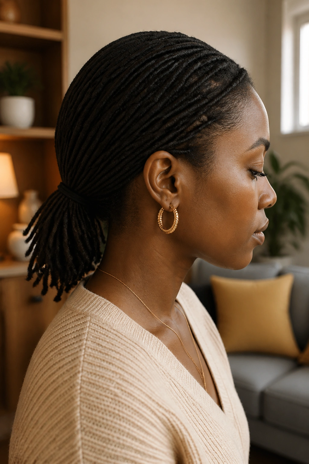 Real woman with a low ponytail at the nape