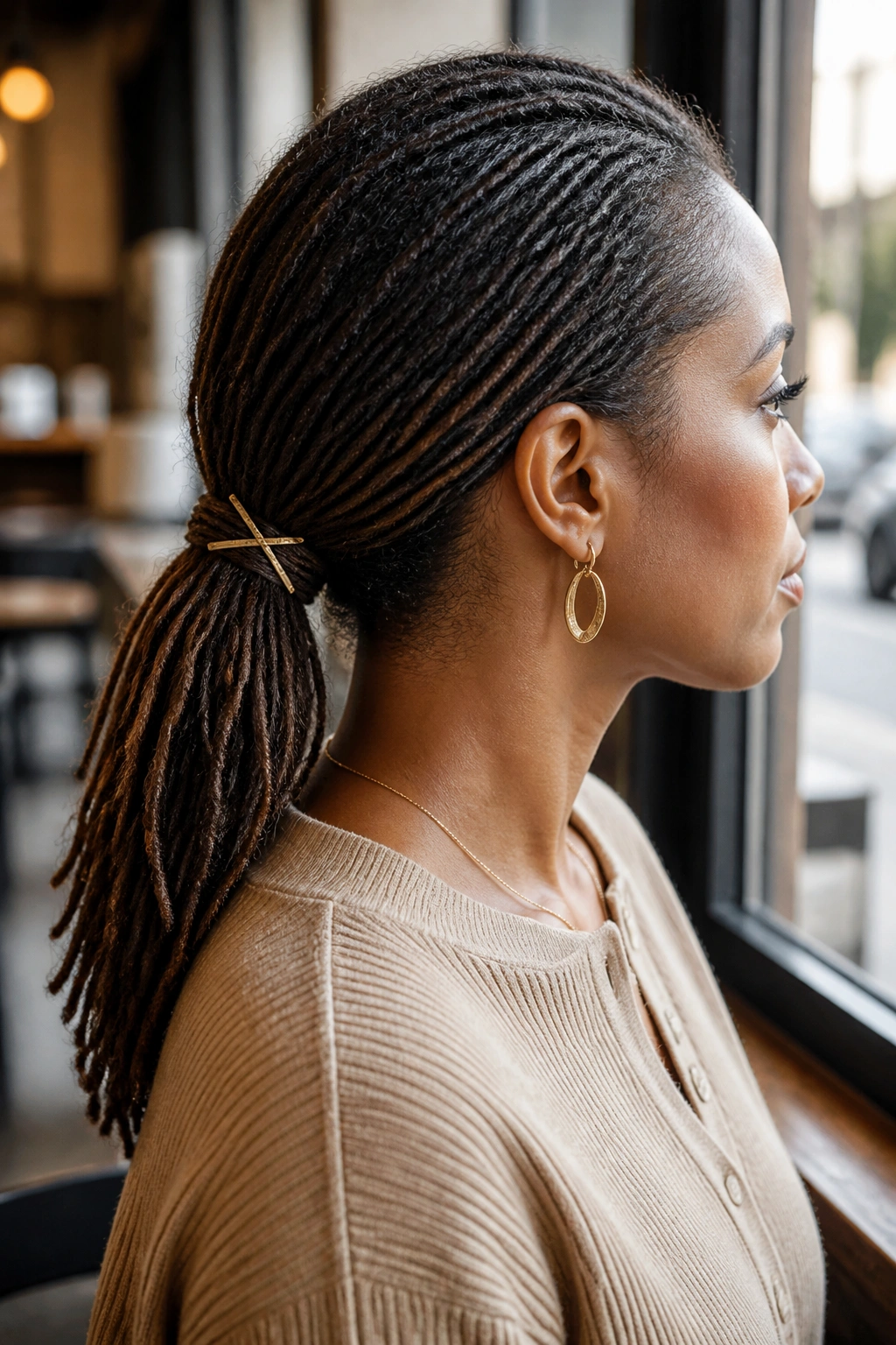 Close-up portrait of a real woman with a low ponytail secured by two crossing pins at the base, crown lifted.