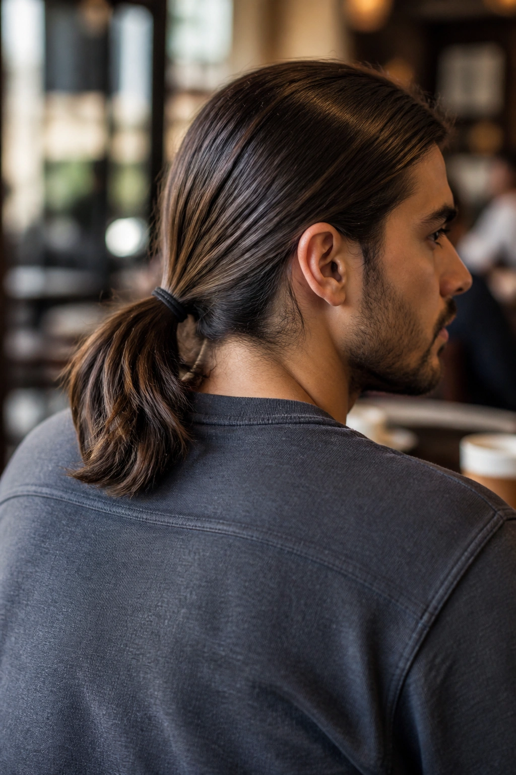 Portrait of a man with a low ponytail in a cafe setting