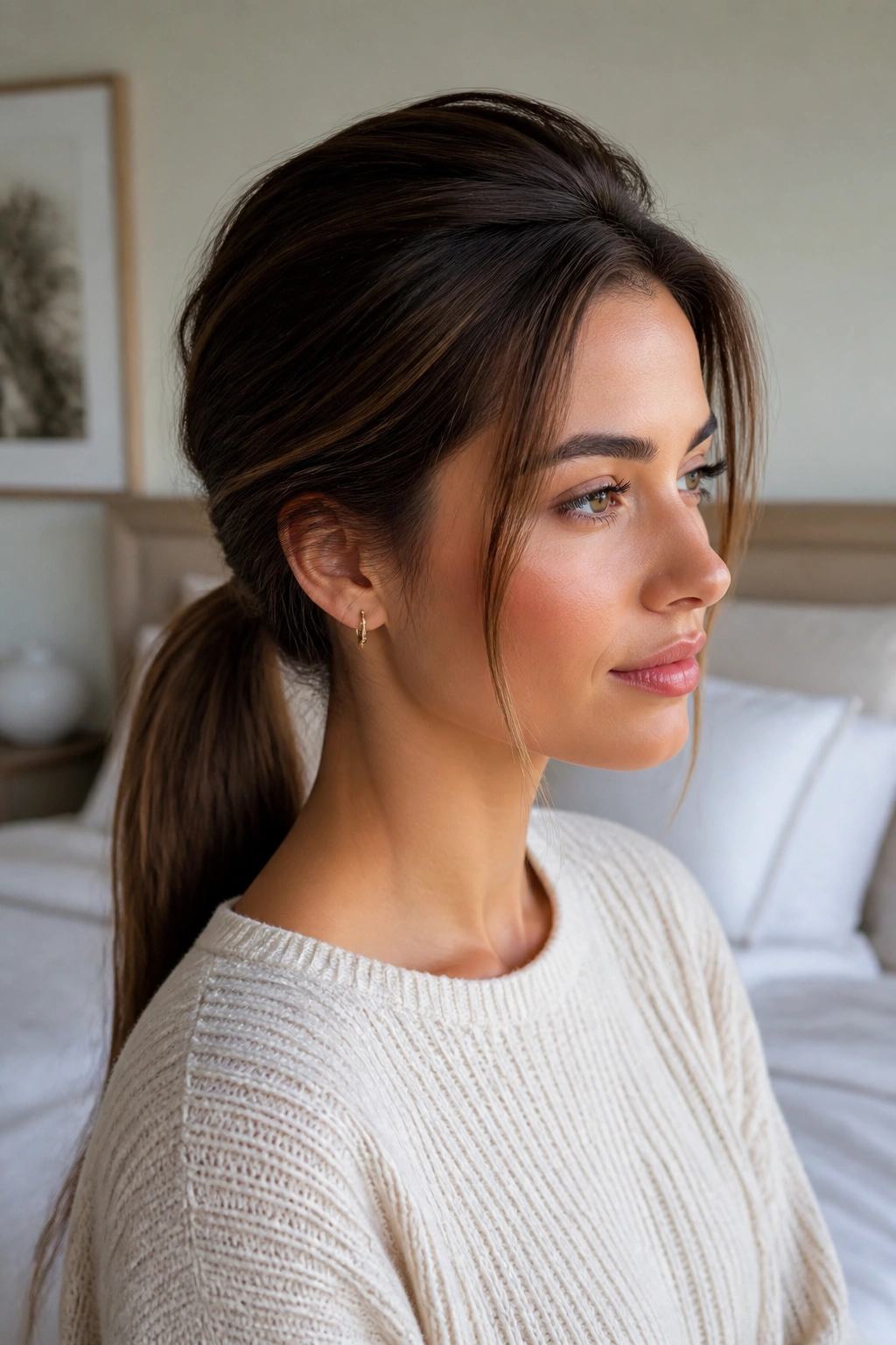 Close-up of a woman with a low ponytail and puffed crown.