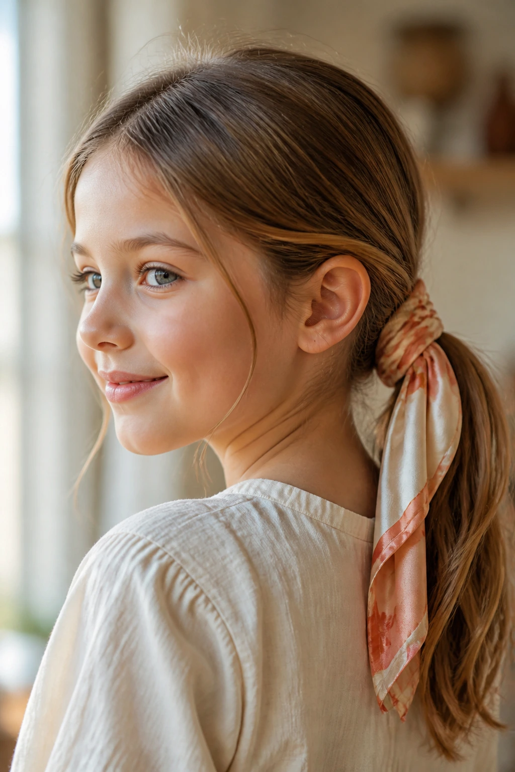 Close-up of a child with a low ponytail wrapped with a satin scarf