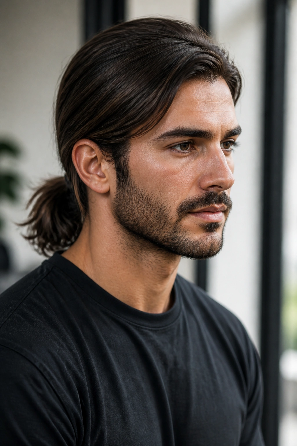 Man with a low ponytail and a side-parted front shown in a close-up.