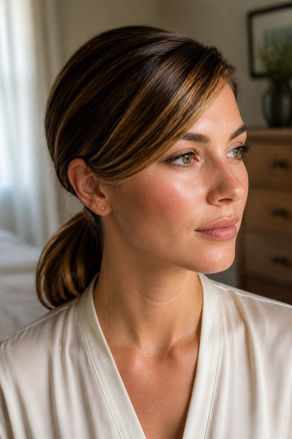 Close-up of a woman with a low ponytail and side-swept fringe, natural light