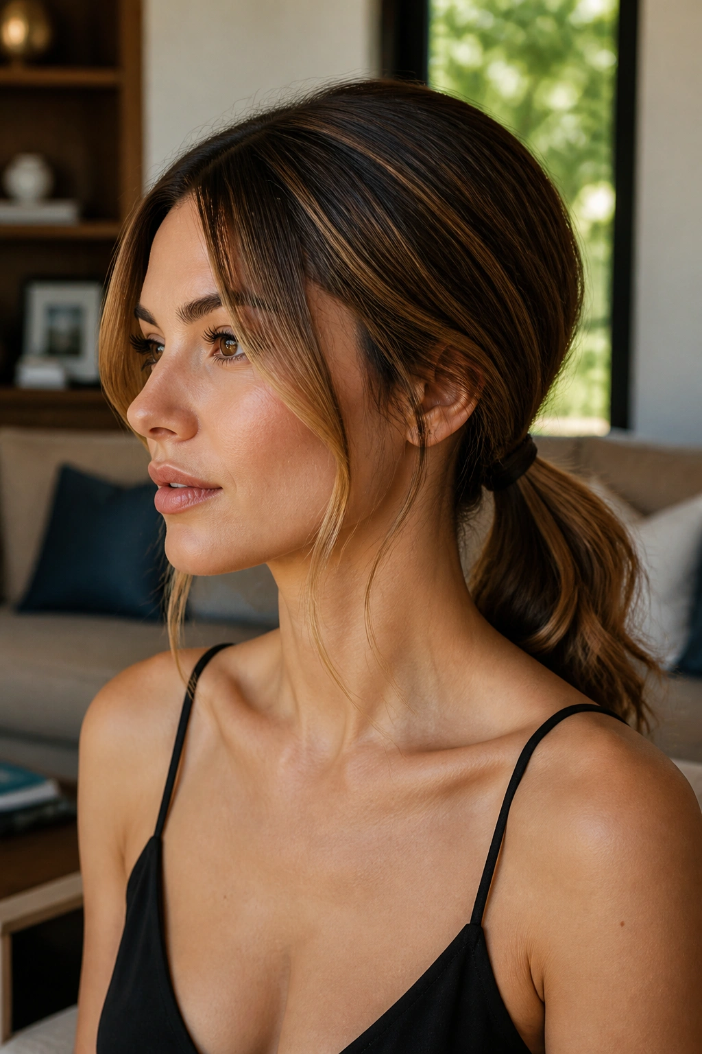 Portrait of a woman with a low ponytail and soft bend.
