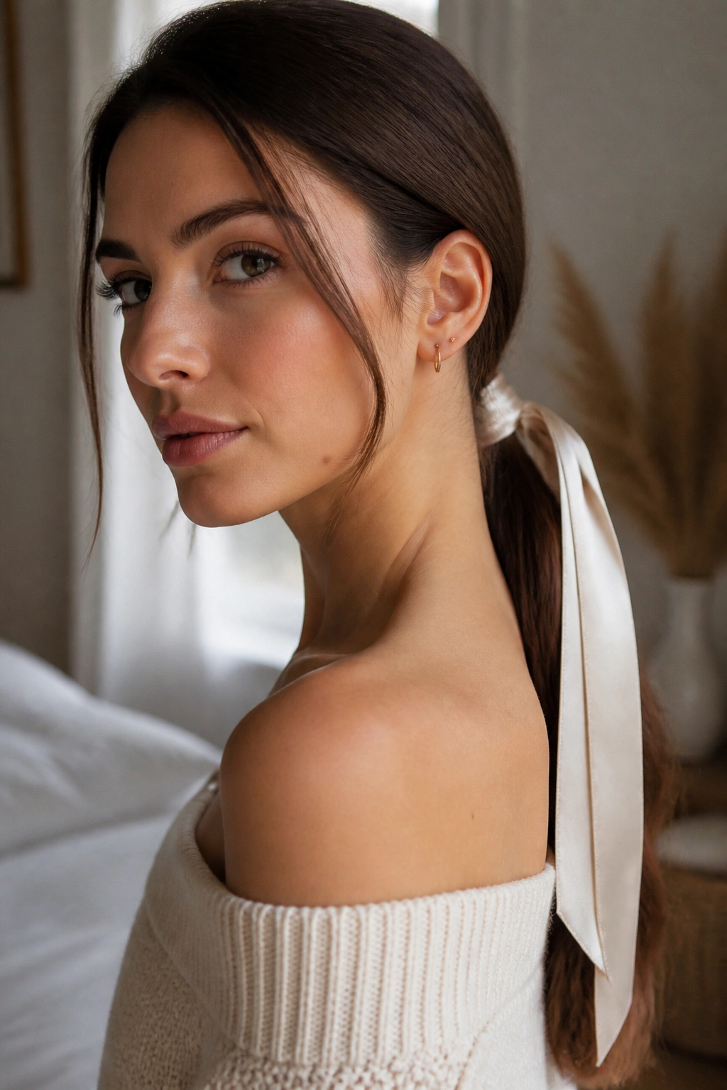 Close-up of a woman with a low ponytail wrapped in silk ribbon