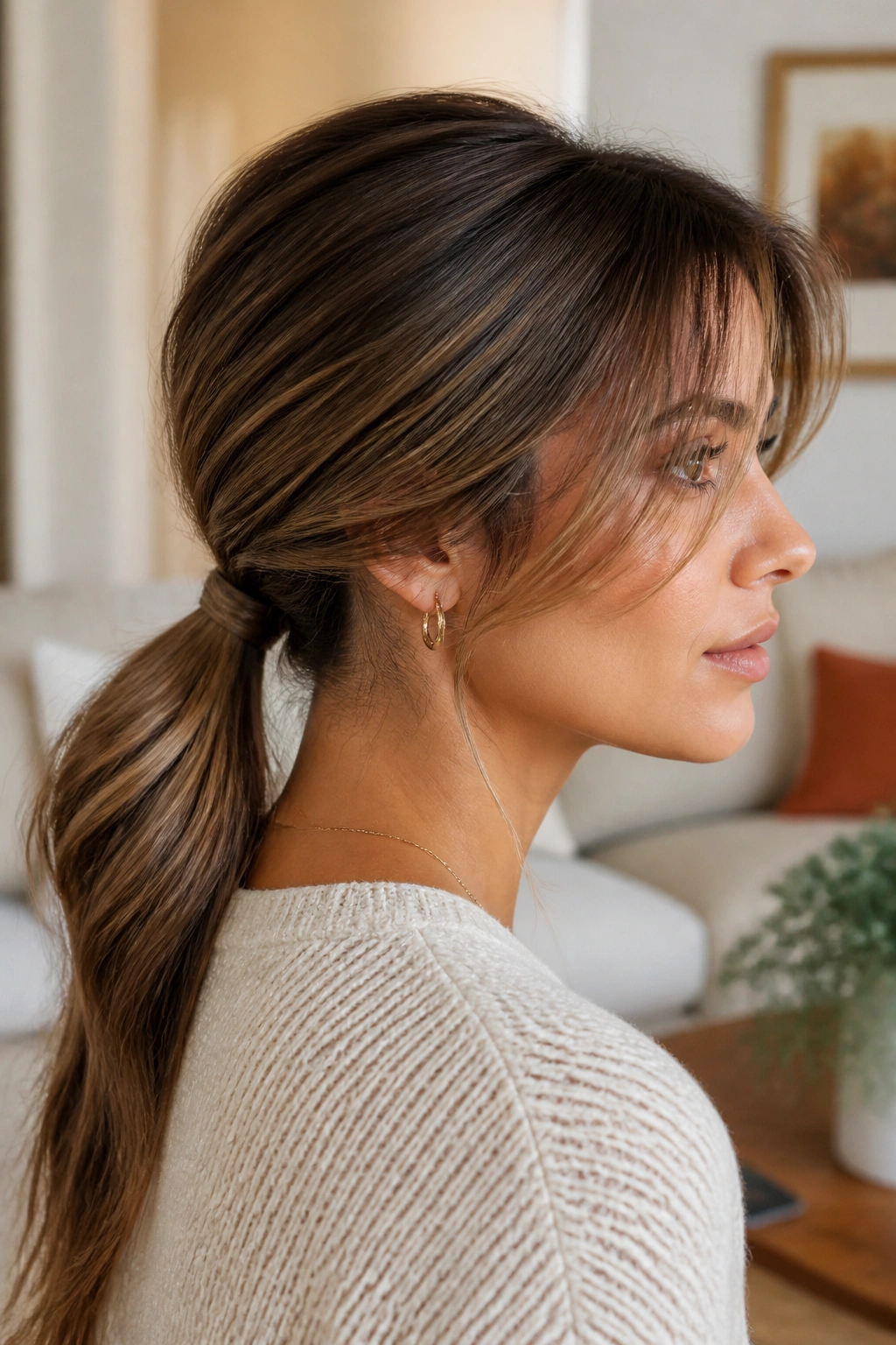 Close-up of wrapped low ponytail with soft layers on a real person