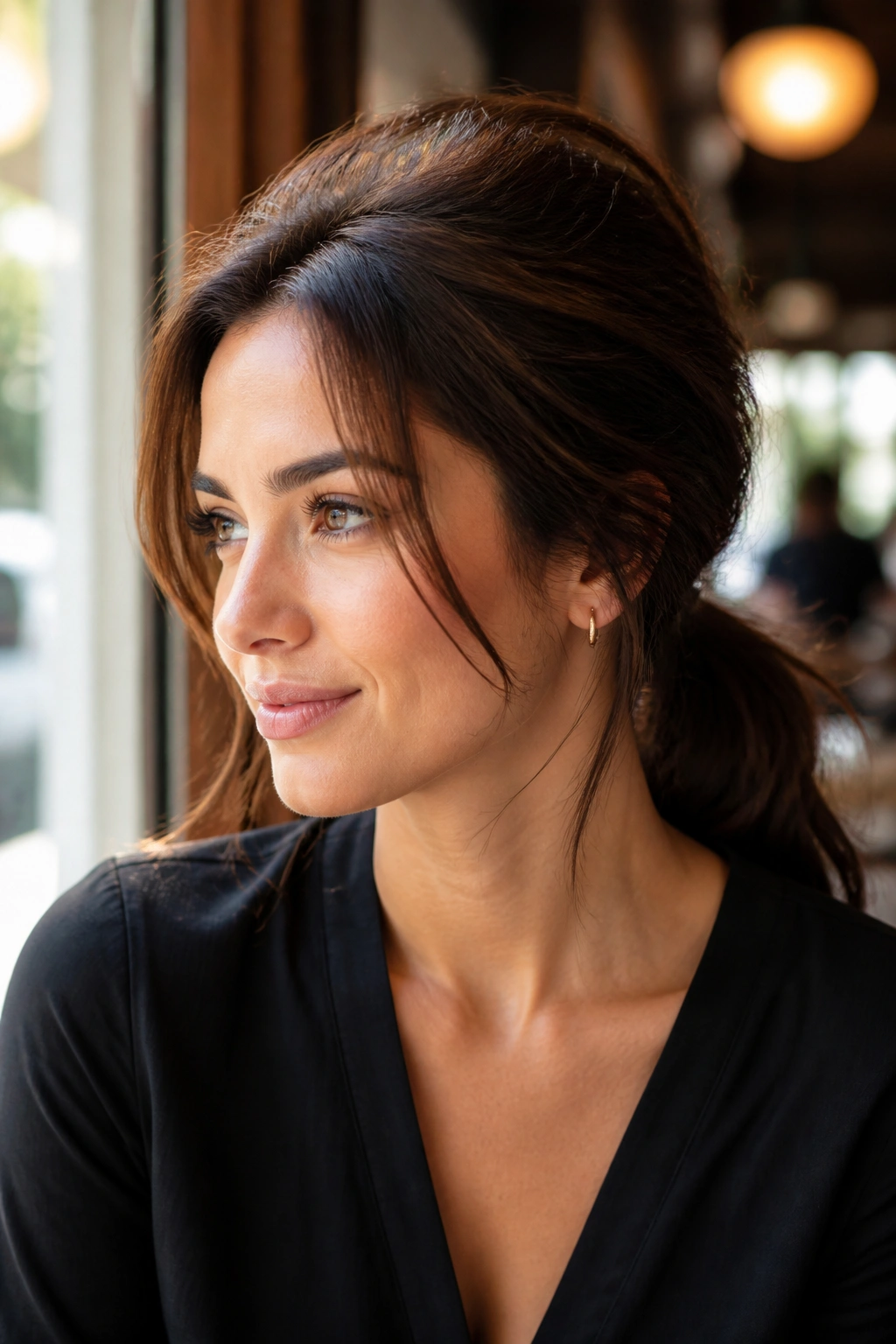 Real person with a low ponytail and teased temples in a cafe-lit setting.