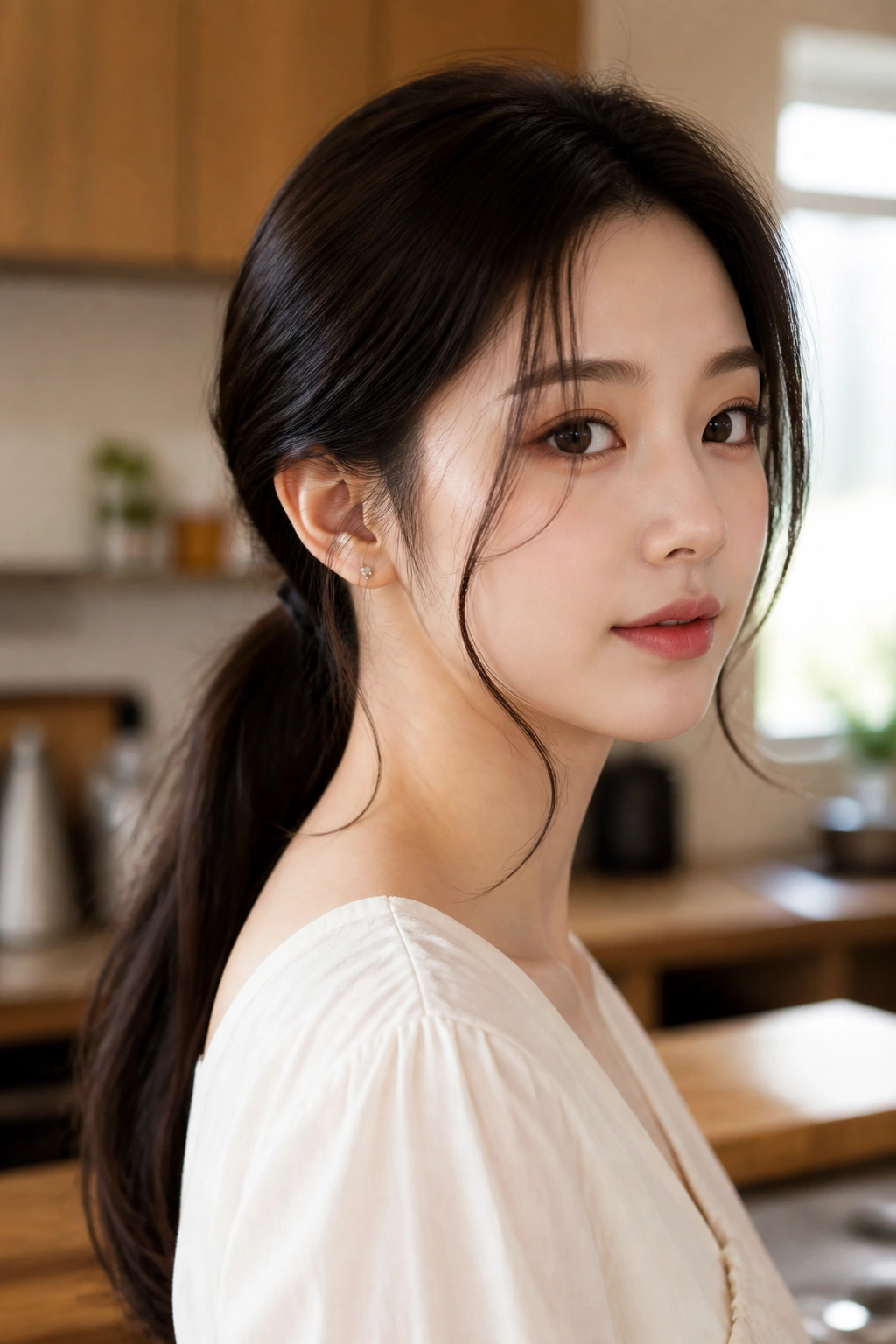 Real woman with low ponytail and soft tendrils framing the face in natural light.