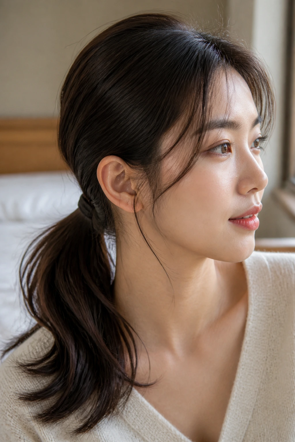 Close-up portrait of a real woman with a low ponytail and soft tendrils at the temples.