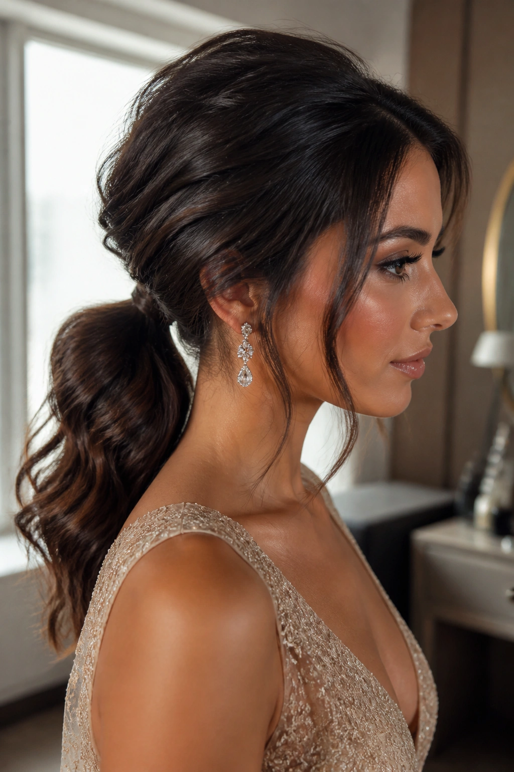 Medium close-up of a woman with textured low ponytail and face-framing pieces