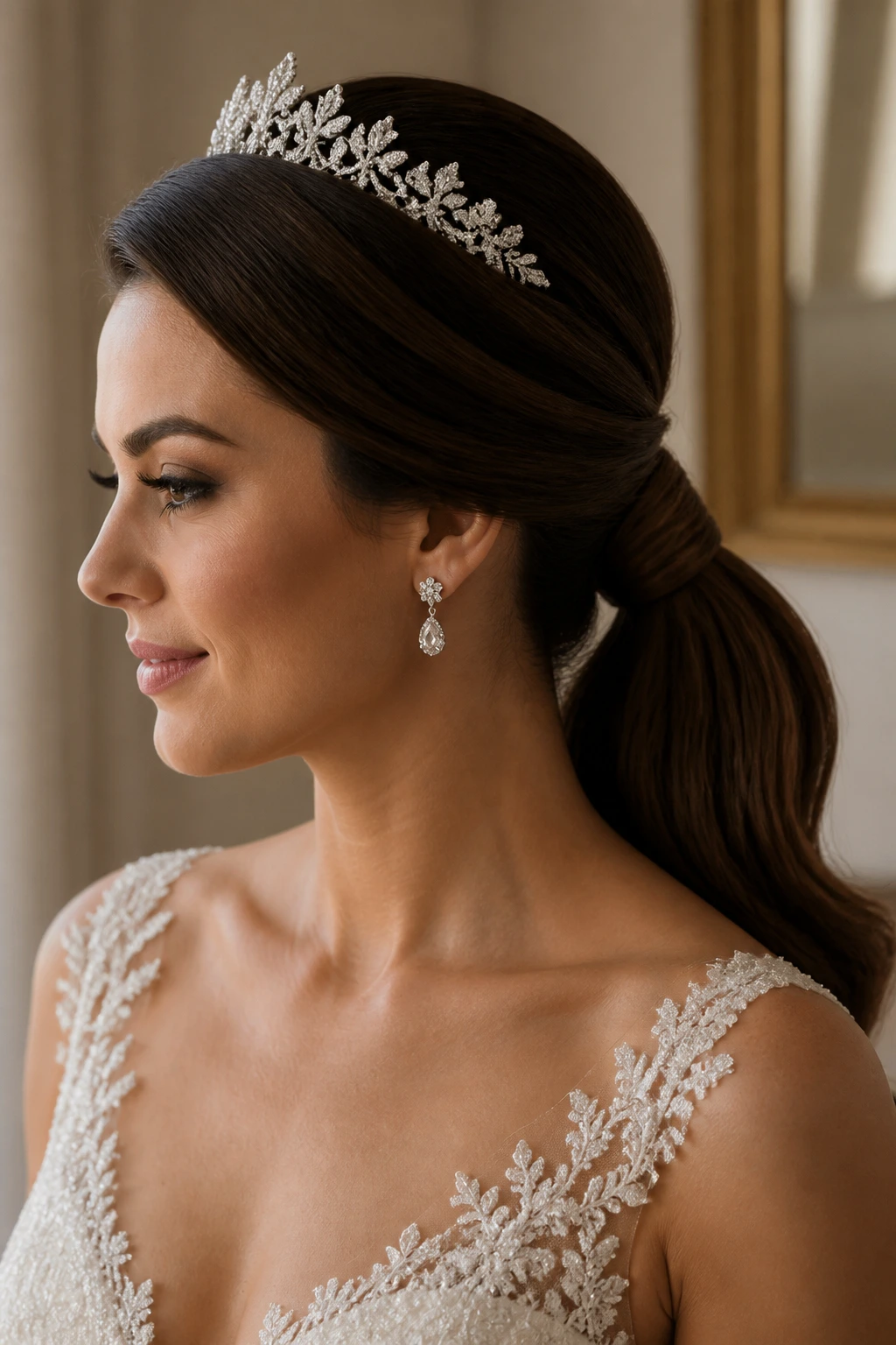 Bride with low ponytail wrapped base and tiara