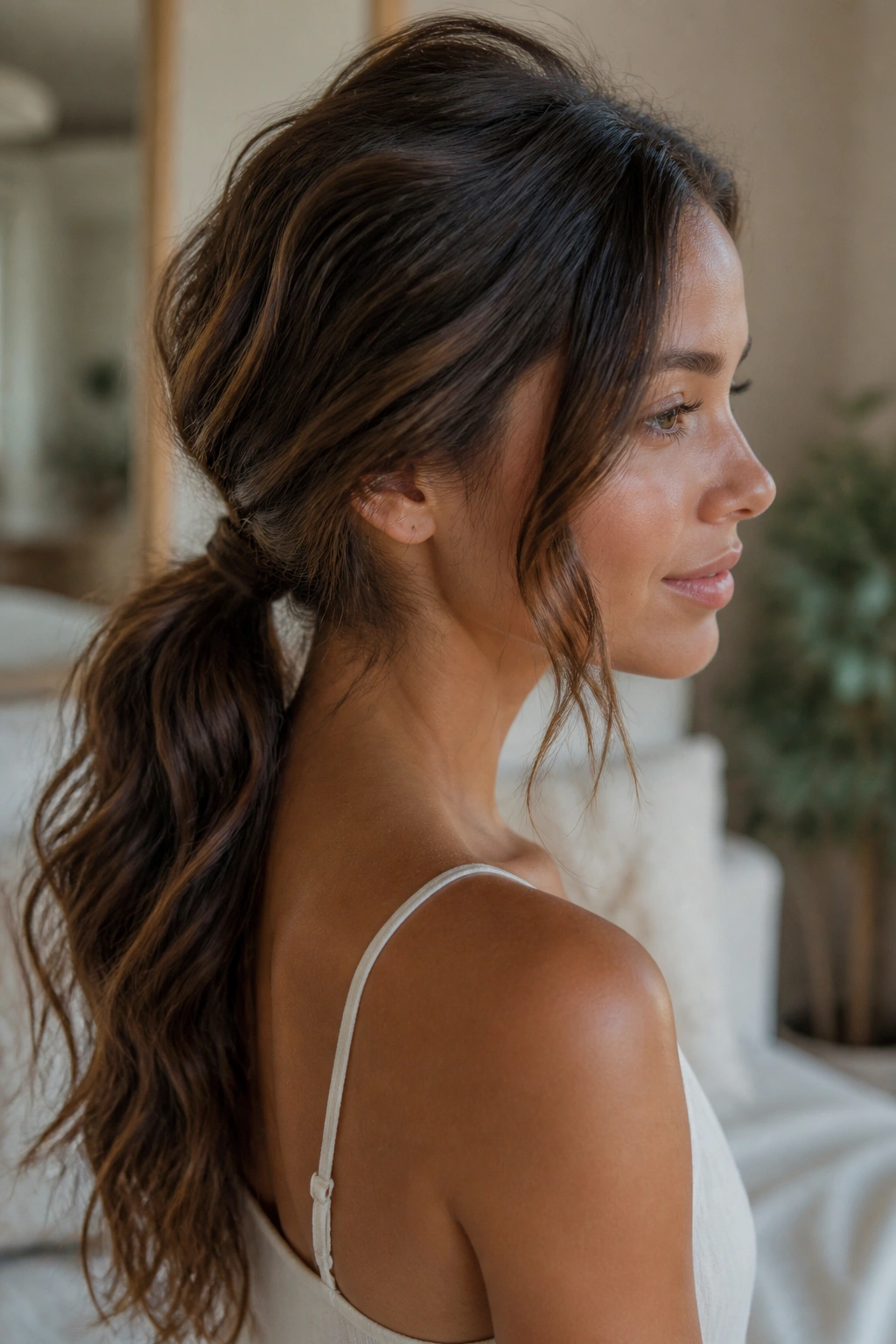 Close-up of a real woman with a low ponytail and soft waves in natural light