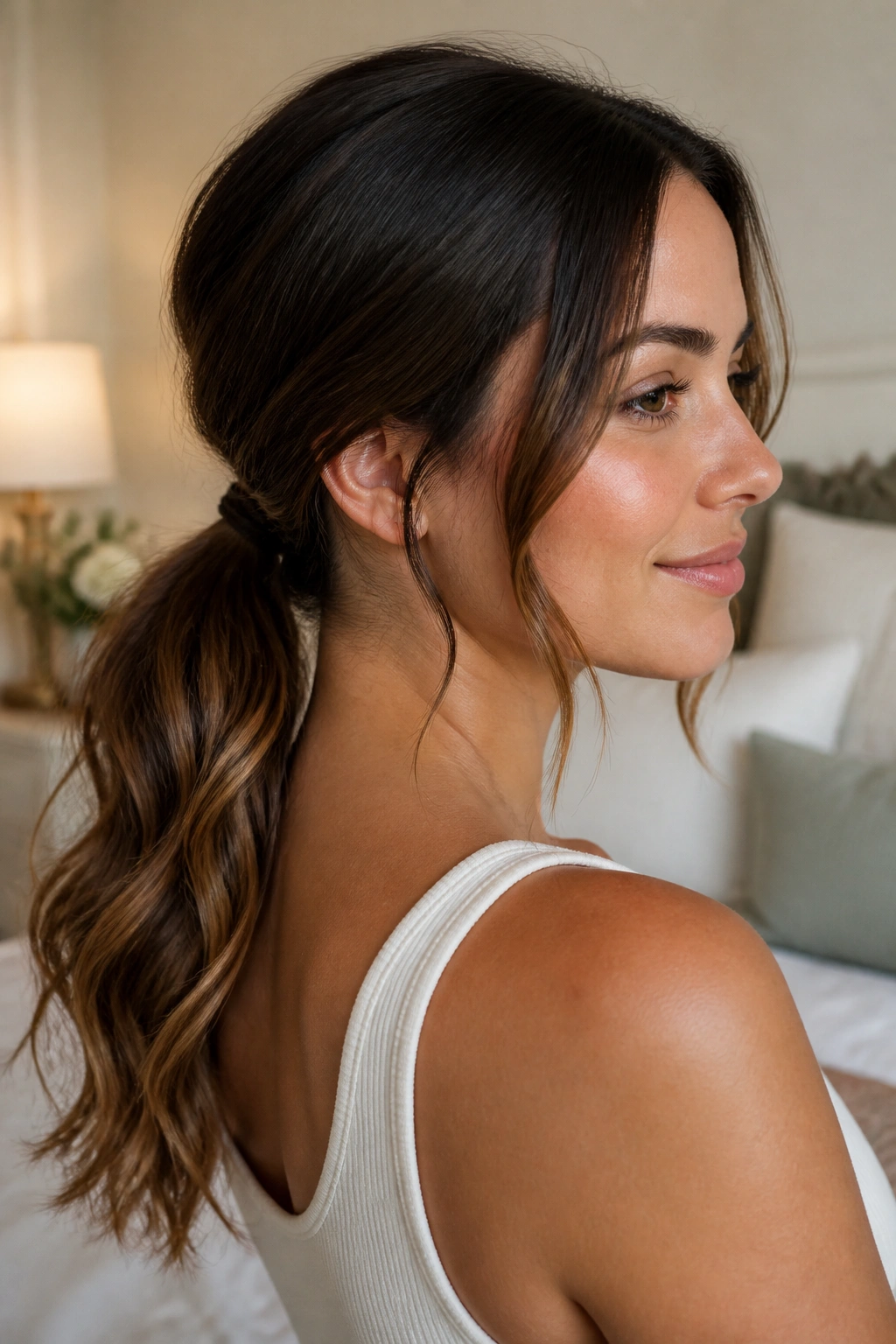 Portrait of a woman with a low ponytail and loose wave ends
