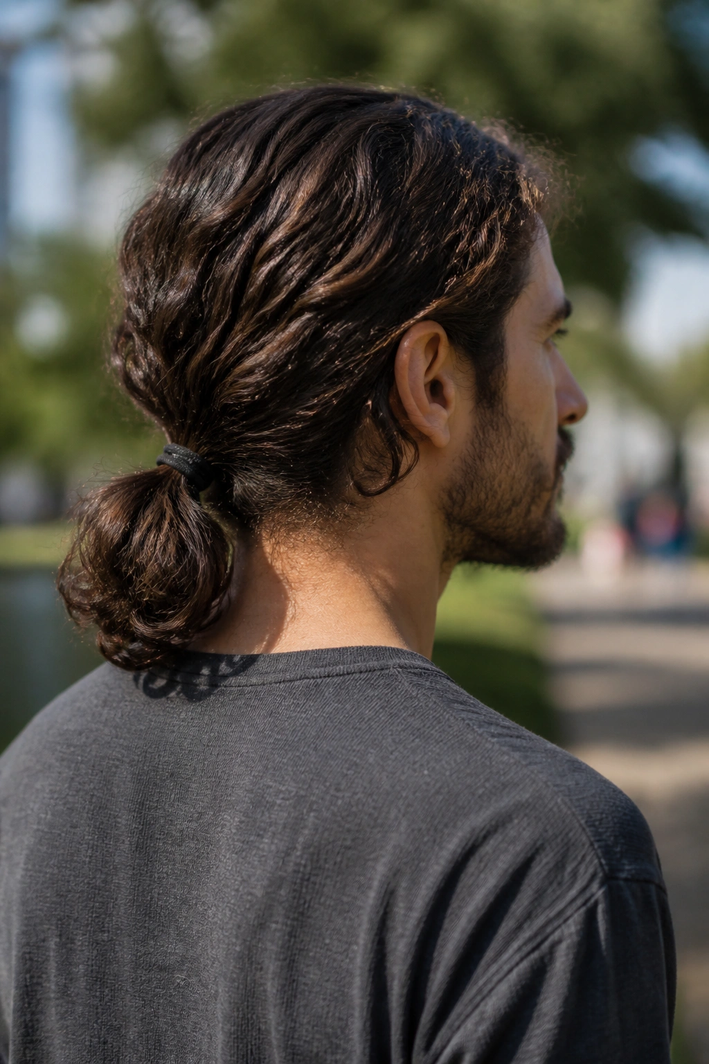 Rear view of a man with a low ponytail at the nape and wavy texture on top.