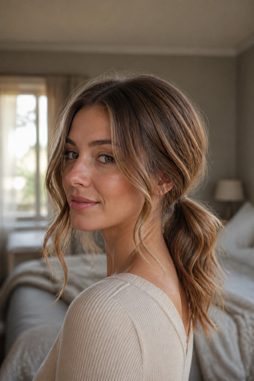 Close-up of a real woman with a low, loose ponytail at the nape and face-framing waves in natural window light