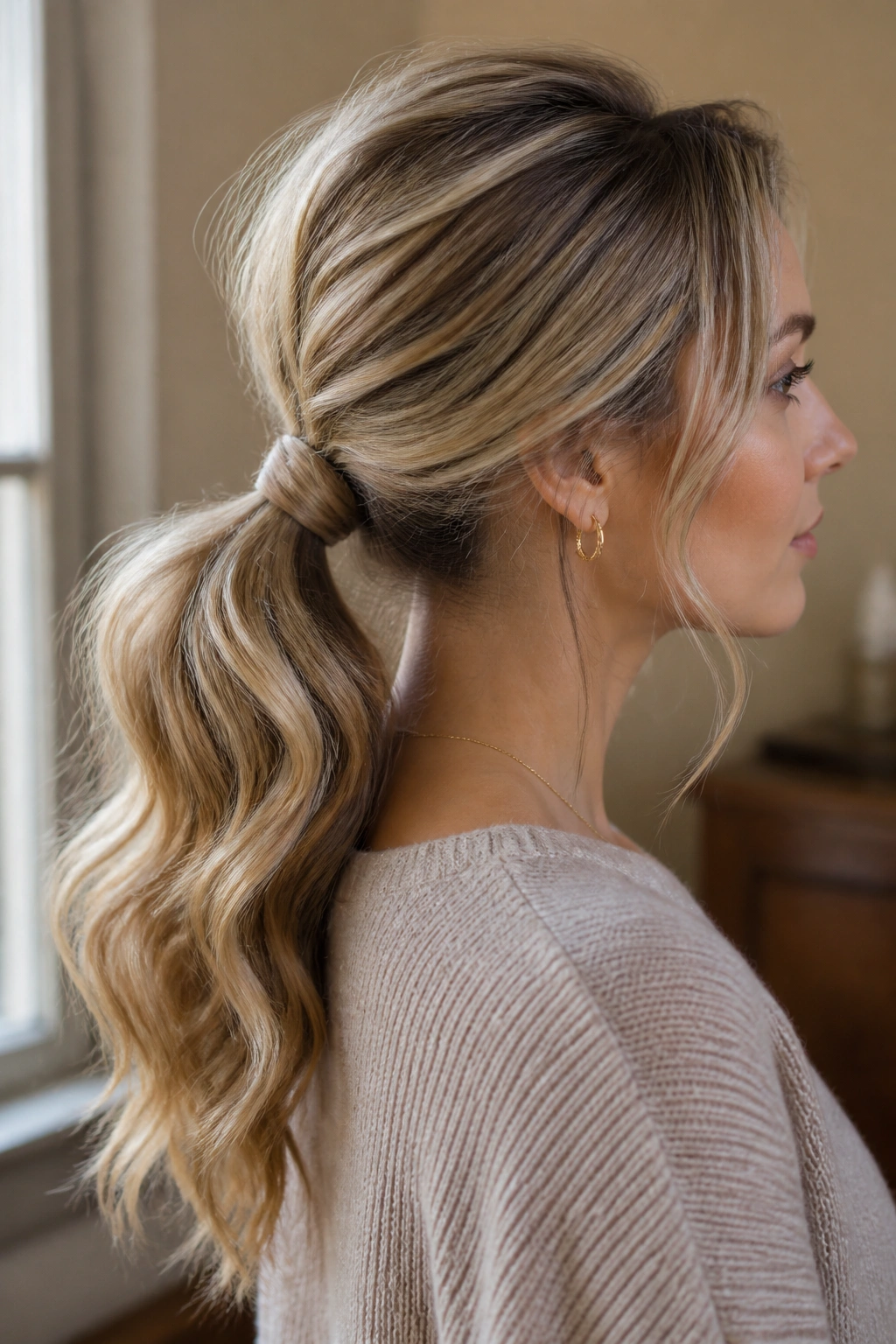 Close-up of a woman with a low ponytail and soft wave bends