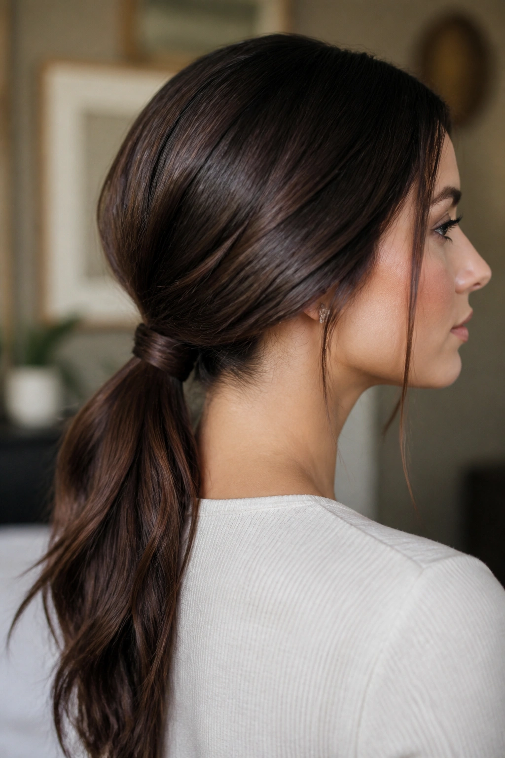 Real woman with low ponytail featuring a wrapped base hairstyle.