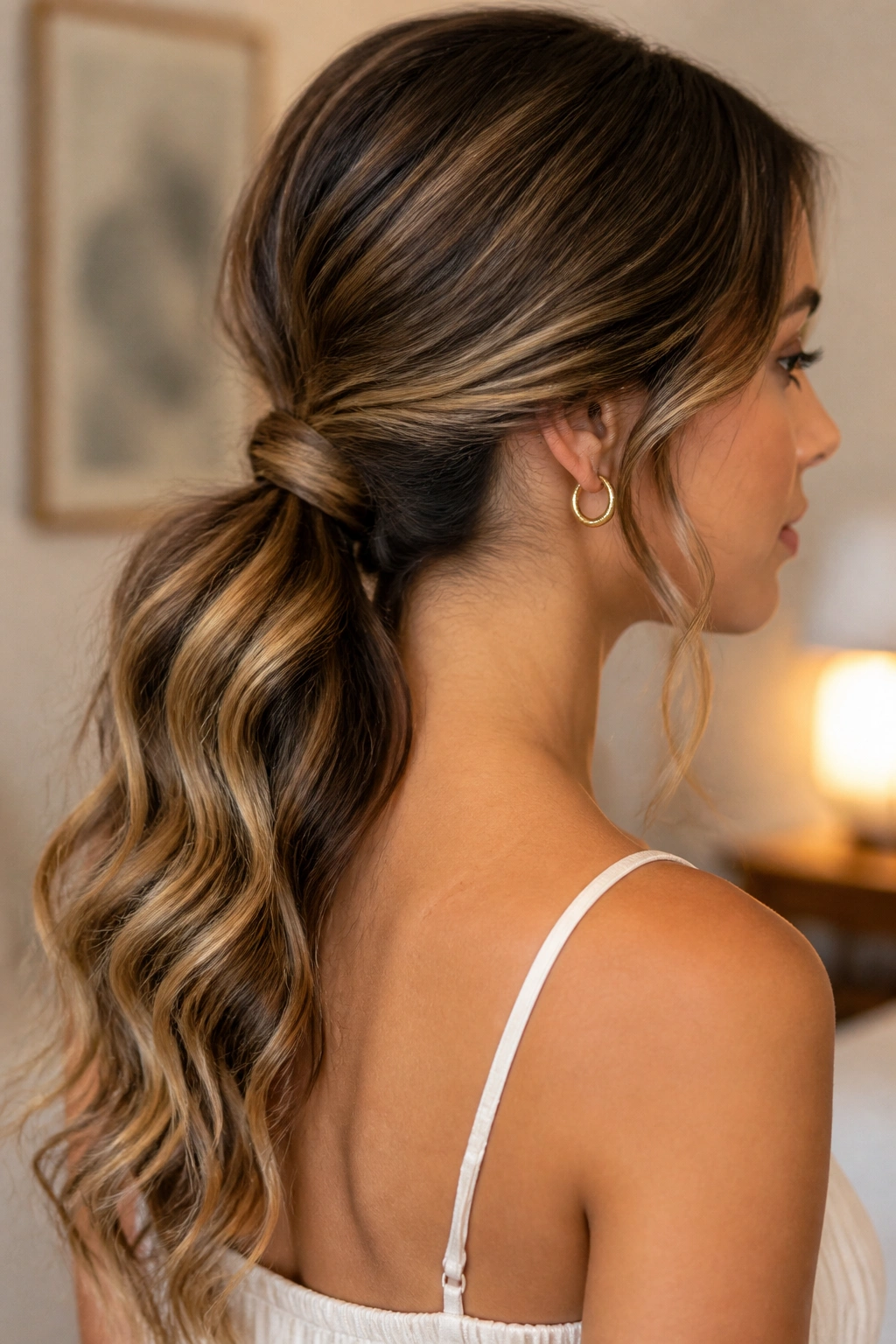 Close-up portrait of a real woman with a low ponytail and wrapped base