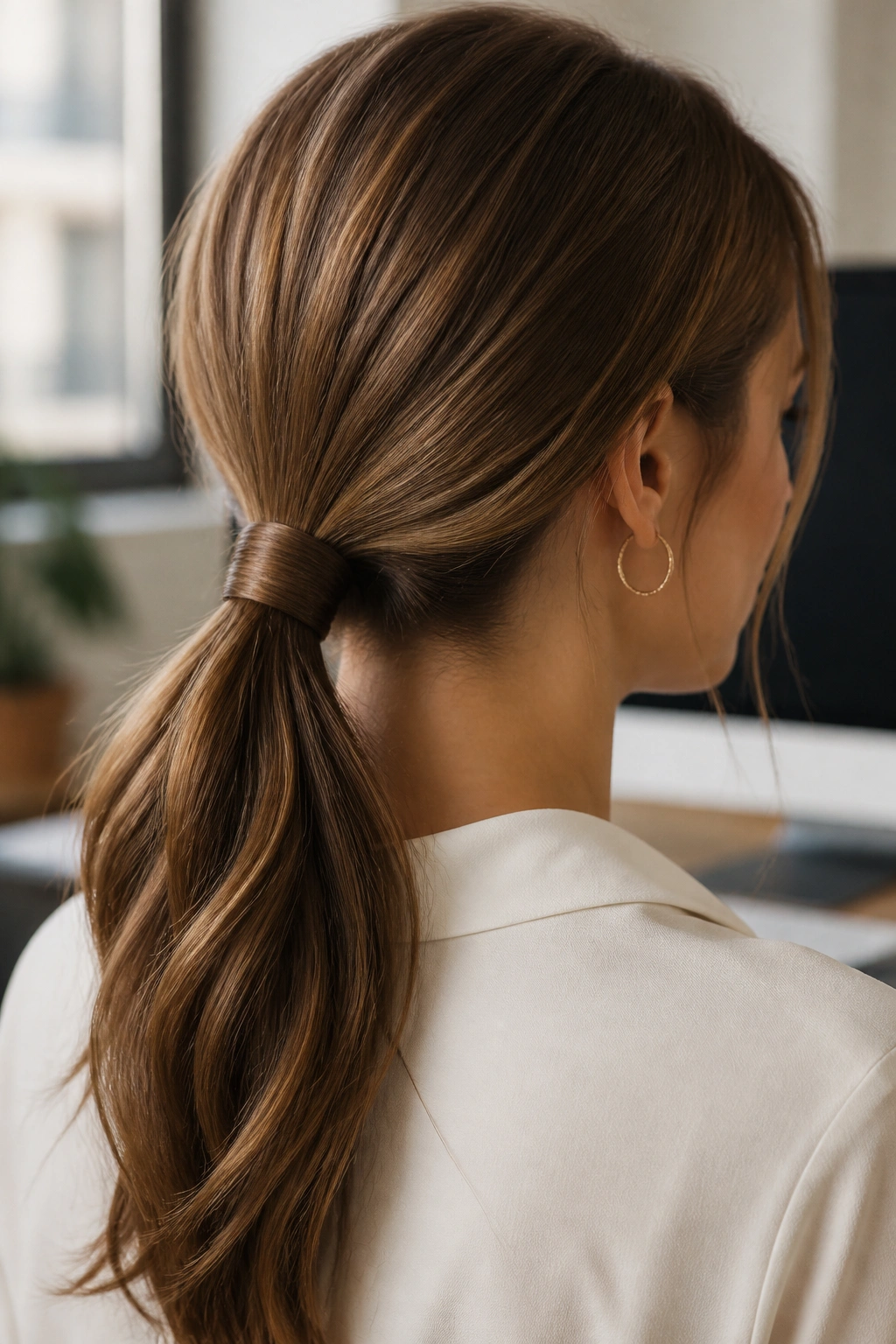 Back view of a real woman with a low ponytail wrapped base at the nape