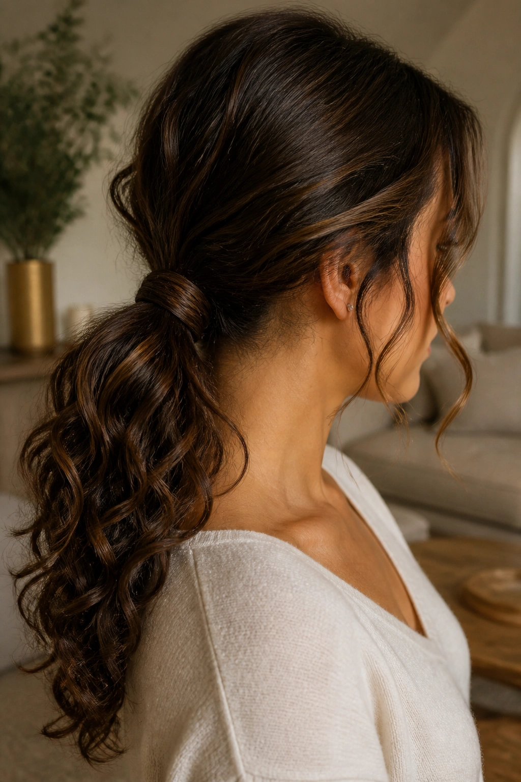Close-up of a real woman with a low curly ponytail with a wrapped base
