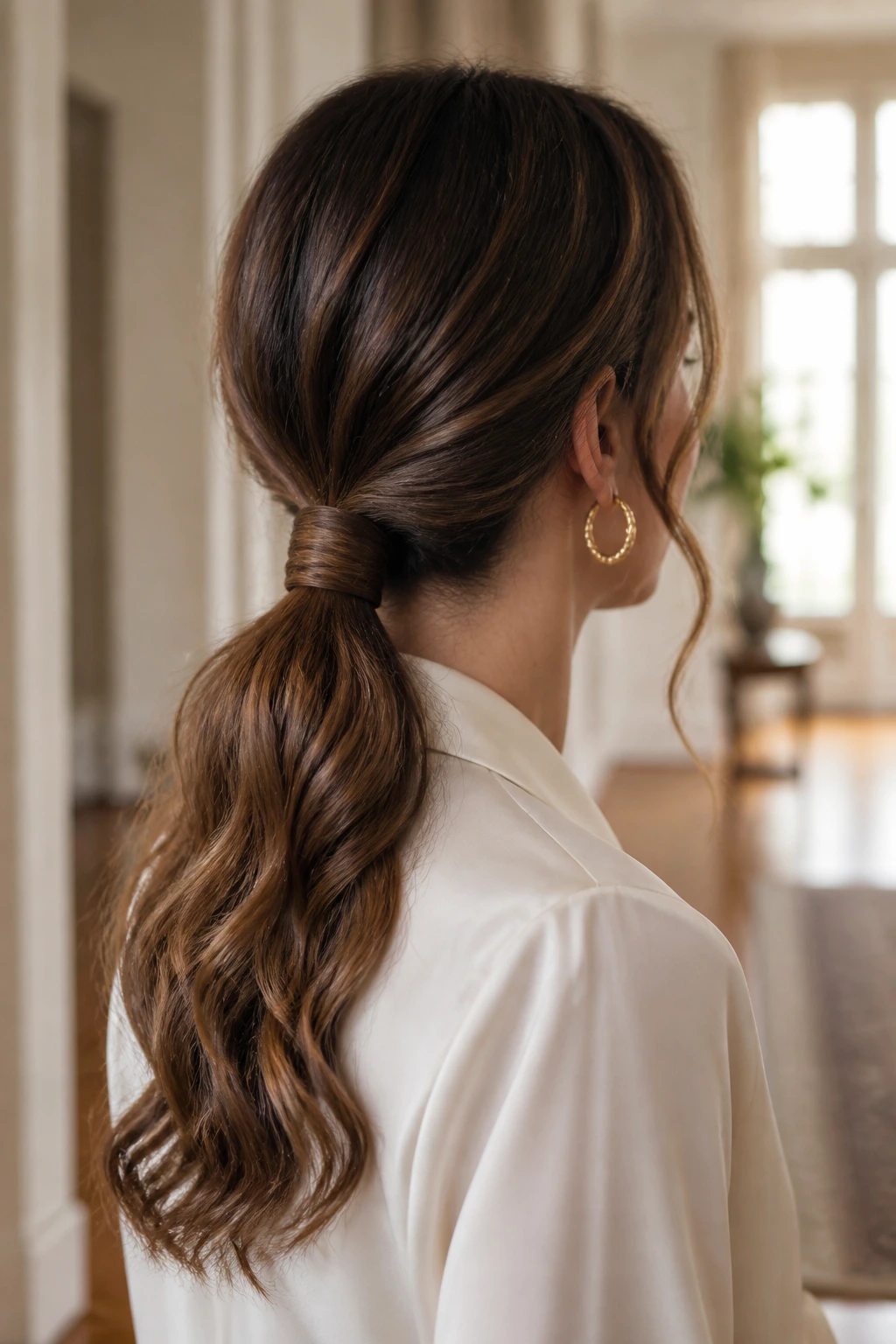 Woman with a low wavy ponytail and wrapped base detail