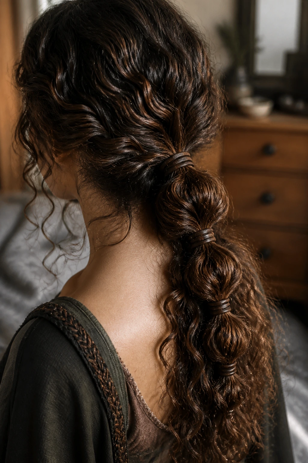 Close-up of a real person wearing a low ponytail with wrapped sections at the nape