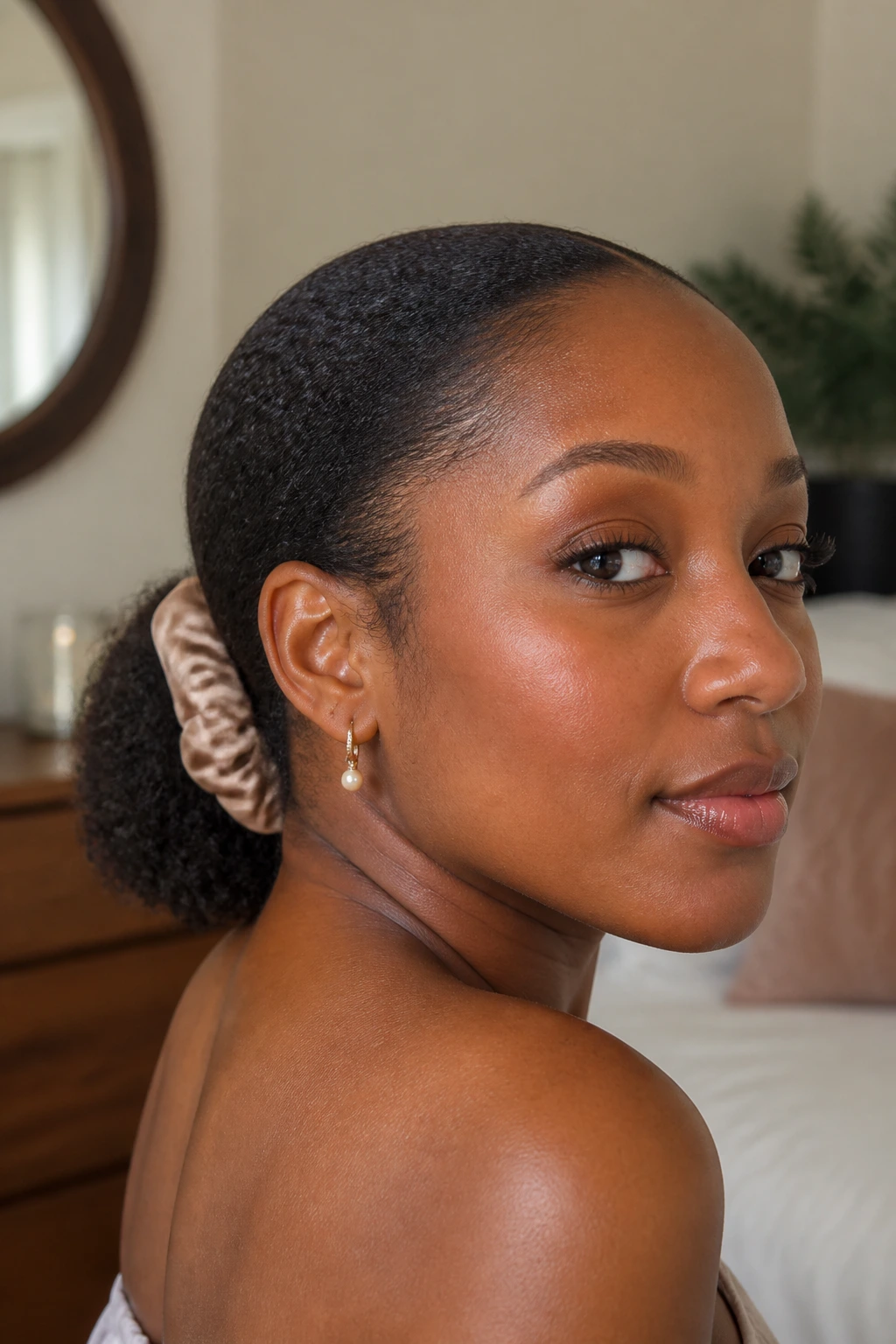 Close-up of a real woman with a low puff hairstyle on 4C hair
