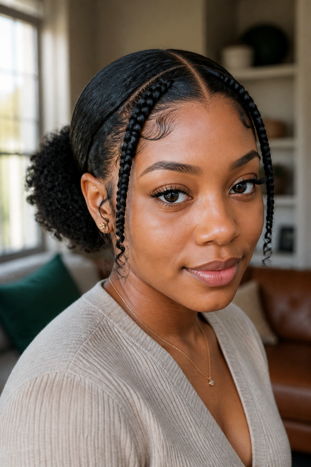 Close-up of a Black woman with a low puff and braided front.