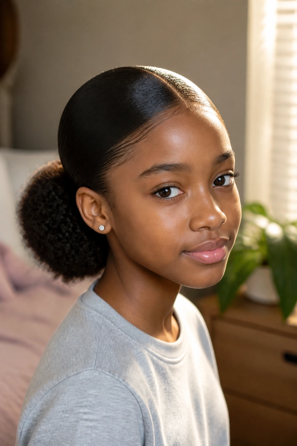 Close-up of a real girl with a sleek low puff and sharp middle part