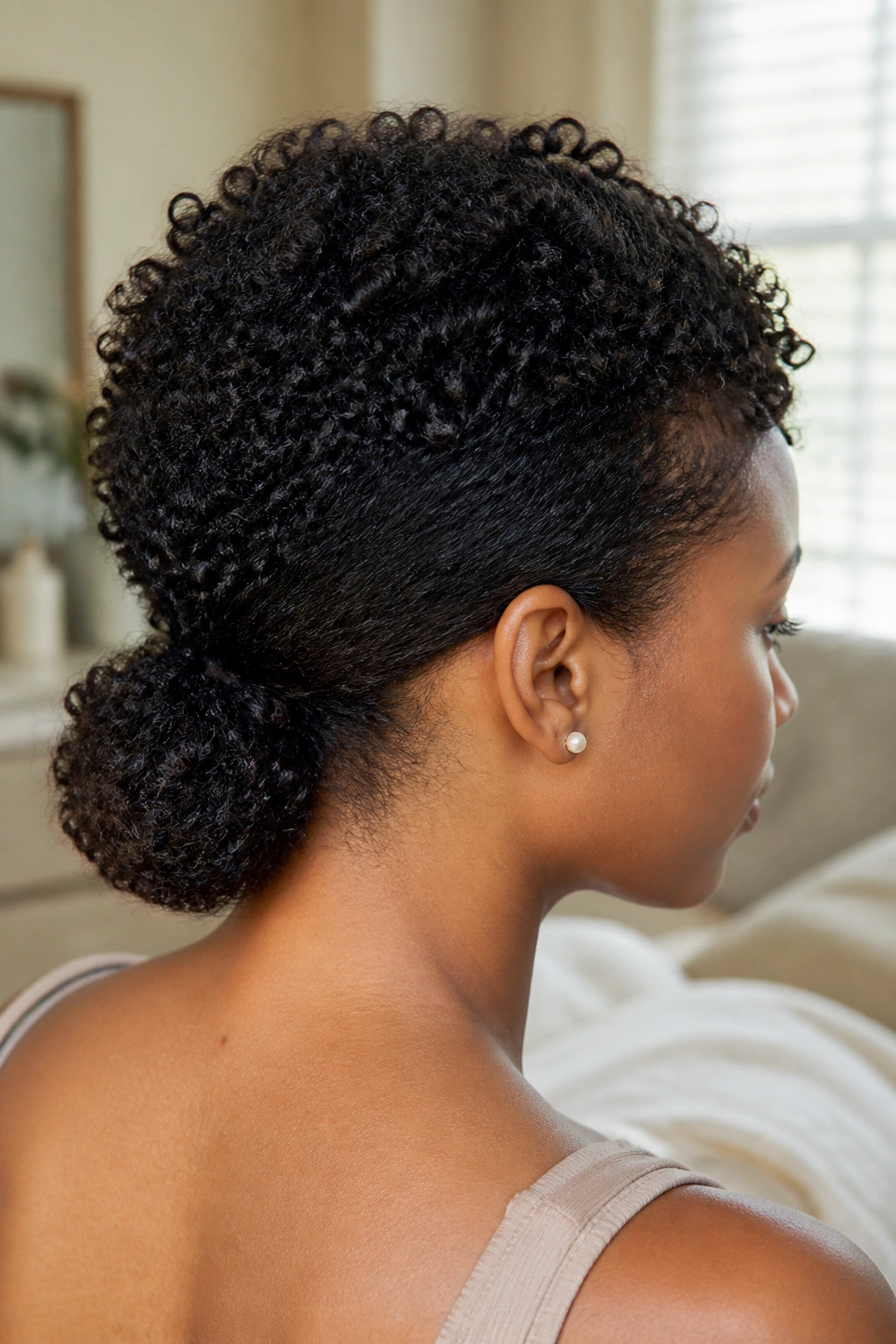 Close-up of a real woman showing a low puff at the nape with crown volume in warm natural light.
