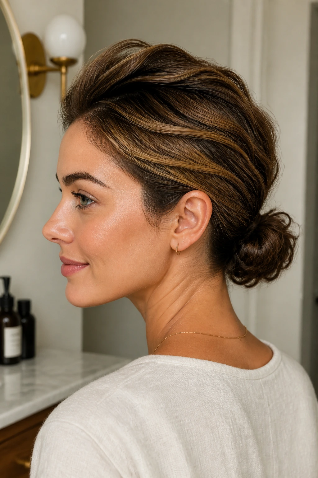 Close-up of a real woman with a polished low puff at the nape