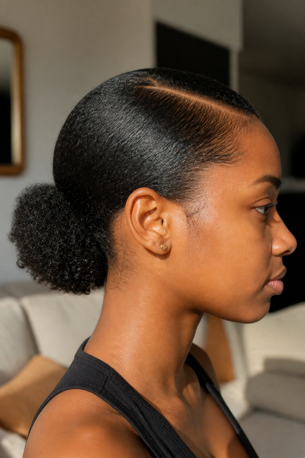 Side-profile of a real person with a low puff and side part.