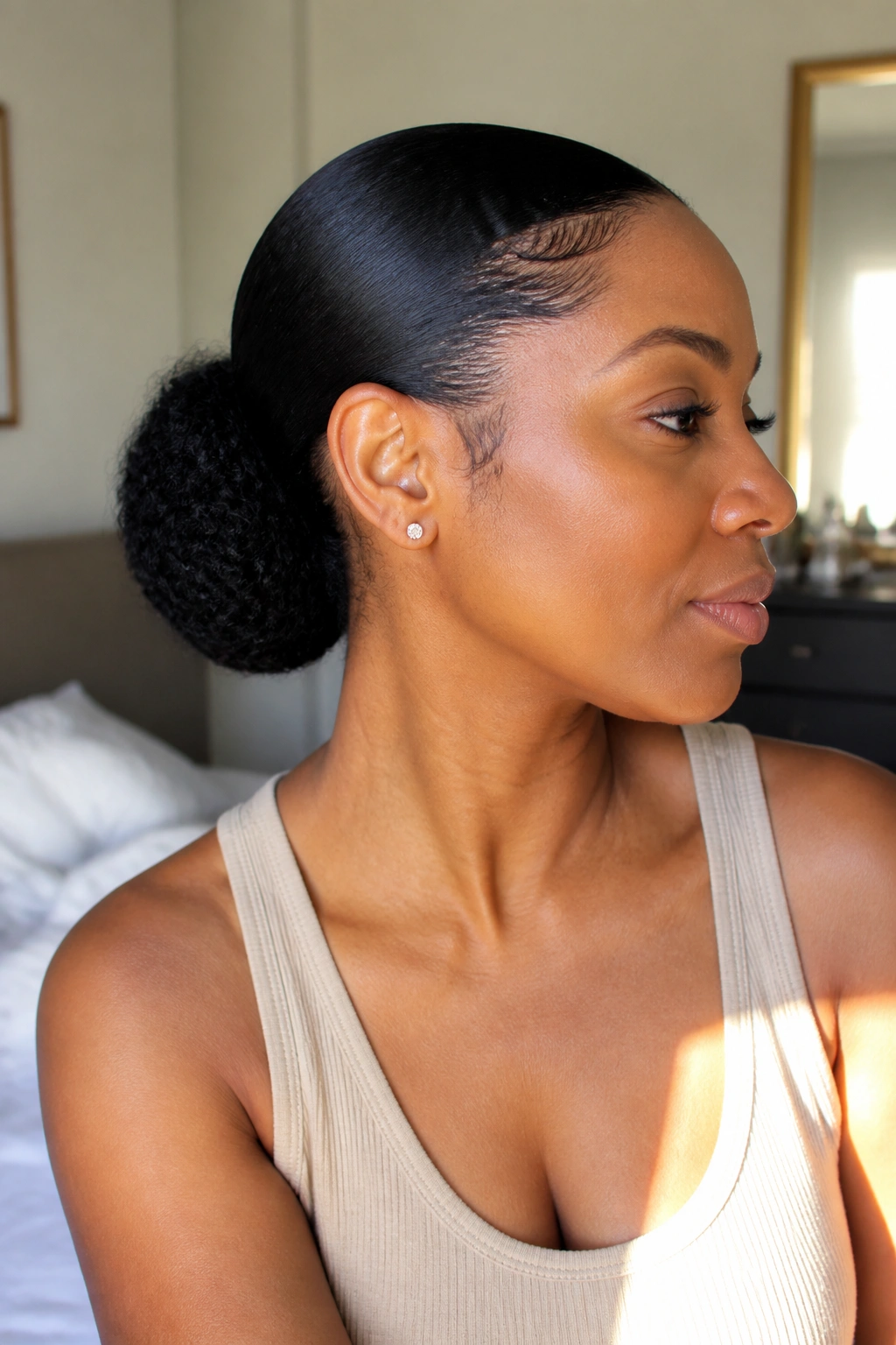 Close-up of a Black woman with a low puff and sleek edges