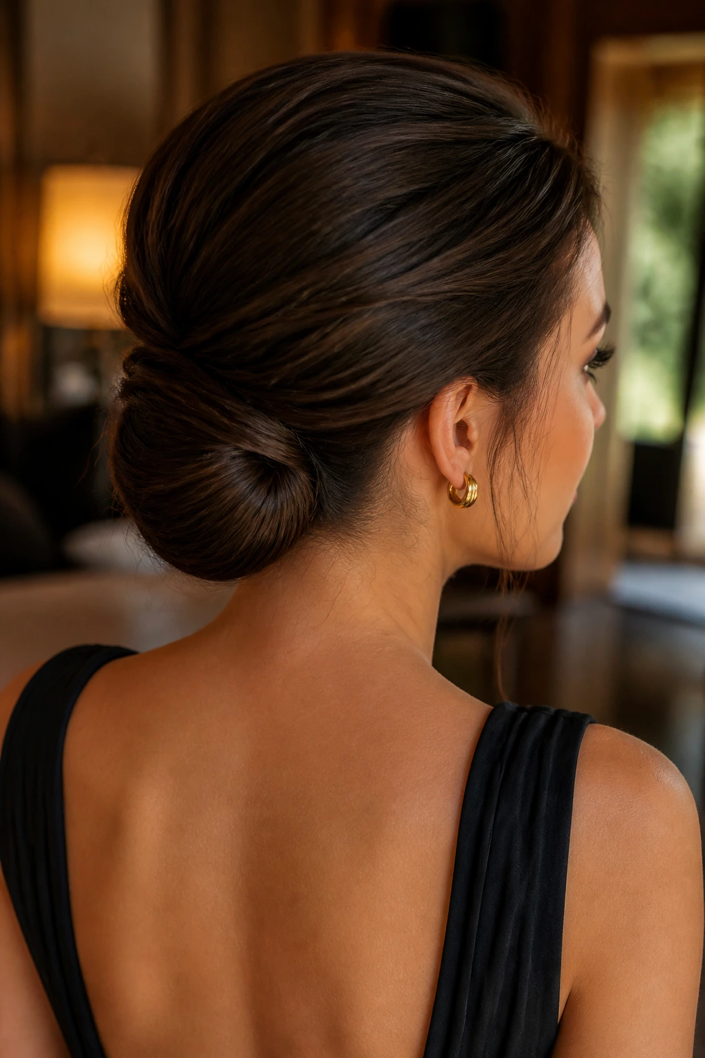 Close-up of a woman with a low roll bun in a softly lit interior