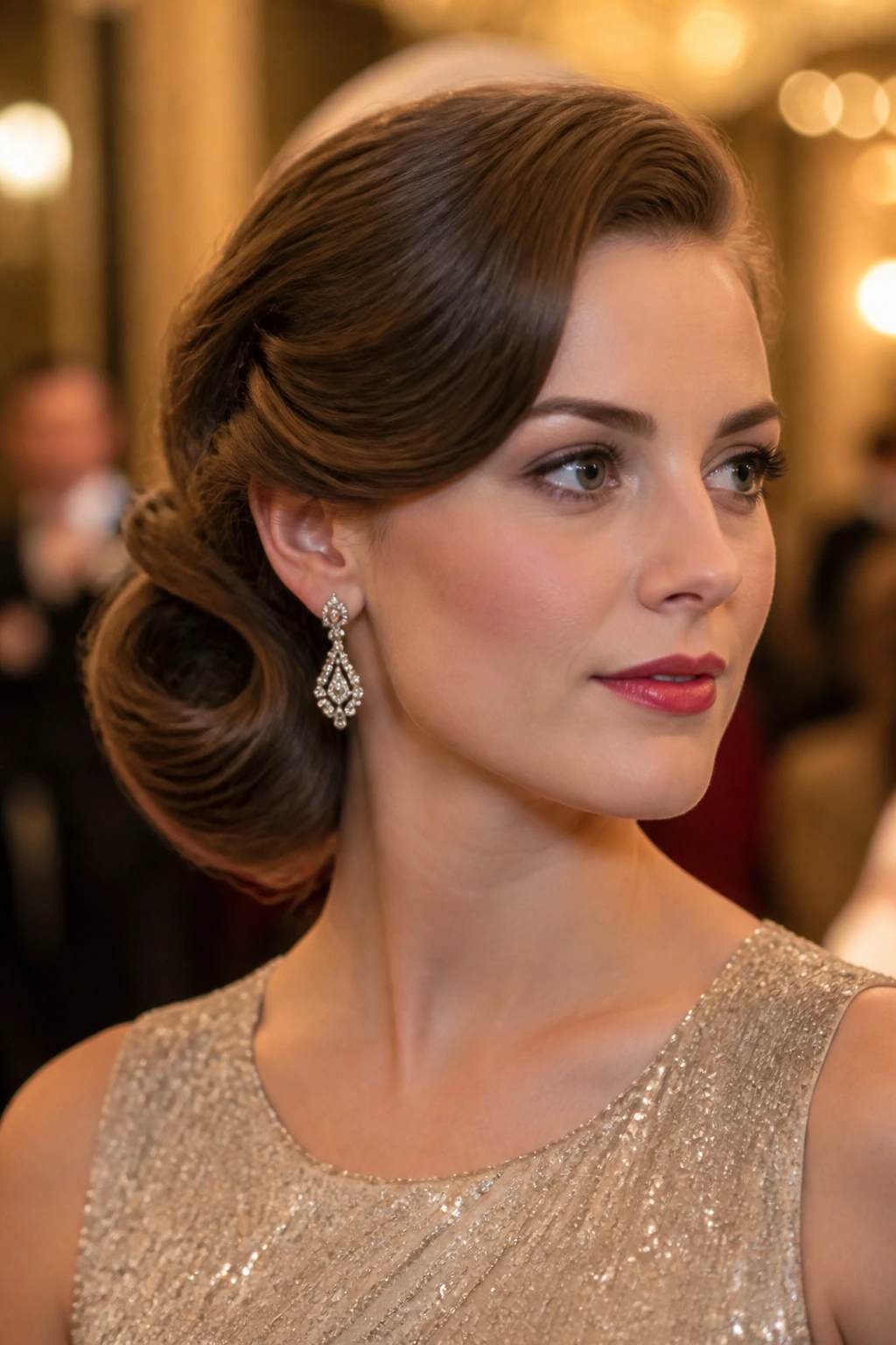Close-up of a real woman with a low roll and side sweep in a formal setting